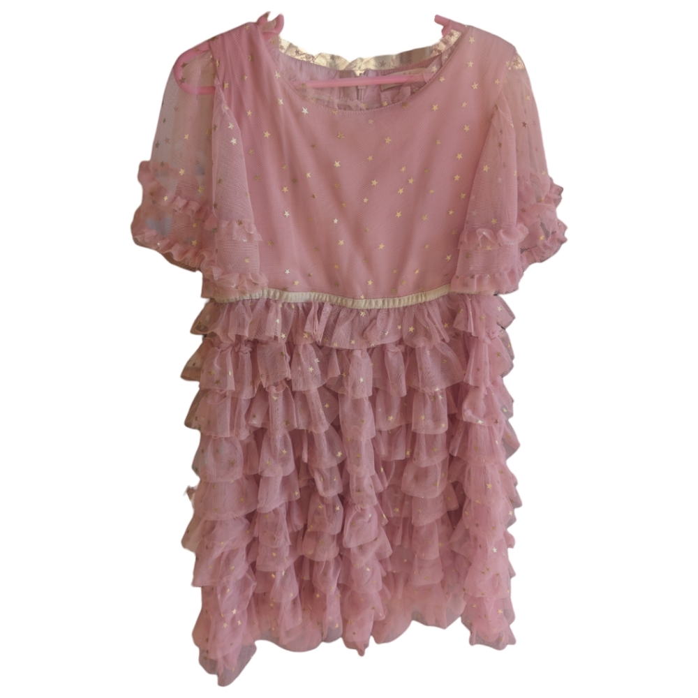Mini Boden Multi Rifle Rose Pink Dress Metallic Star Print Size 7/8